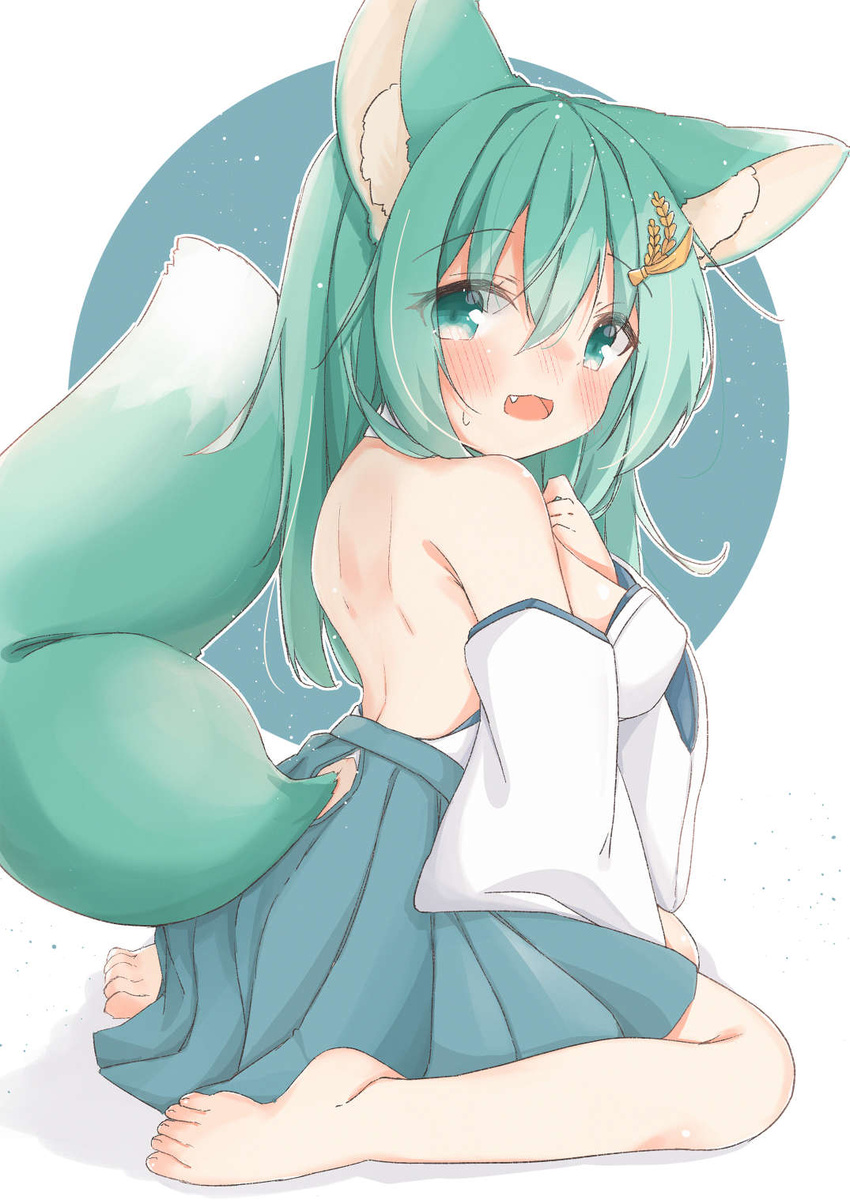 animal_ear_fluff animal_ears bad_id bad_pixiv_id barefoot blue_skirt blush breasts clothing_cutout commentary_request day detached_sleeves female fox_ears fox_girl fox_tail full_body green_eyes green_hair green_tail hair_between_eyes hair_ornament hand_up highres indie_virtual_youtuber japanese_clothes kimono long_sleeves medium_breasts minato_yu_(0514) mitomori_tsubaki open_mouth pleated_skirt shadow sitting skirt solo sweat tail tail_raised tail_through_clothes virtual_youtuber wariza white_kimono white_sleeves wide_sleeves