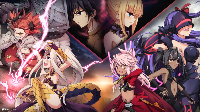 1boy 6+girls bare_shoulders beatrice_flowerchild berserker_(fate/zero) berserker_(fate/zero)_(cosplay) black_hair blonde_hair blue_eyes breasts brown_eyes chloe_von_einzbern commentary cosplay dark-skinned_female dark_skin fate/grand_order fate/kaleid_liner_prisma_illya fate/prototype fate/prototype:_fragments_of_blue_and_silver fate/zero fate_(series) gorgon_(fate) gorgon_(fate)_(cosplay) hassan_of_serenity_(fate) hassan_of_serenity_(fate)_(cosplay) highres illyasviel_von_einzbern julian_ainsworth long_hair matou_sakura matou_sakura_(prisma_illya) medusa_(fate) miyu_edelfelt morokoshi_(tekku) multiple_girls navel open_mouth orange_eyes pandora_(prisma_illya) pink_hair purple_eyes purple_hair red_hair scales short_hair small_breasts smile tail white_hair