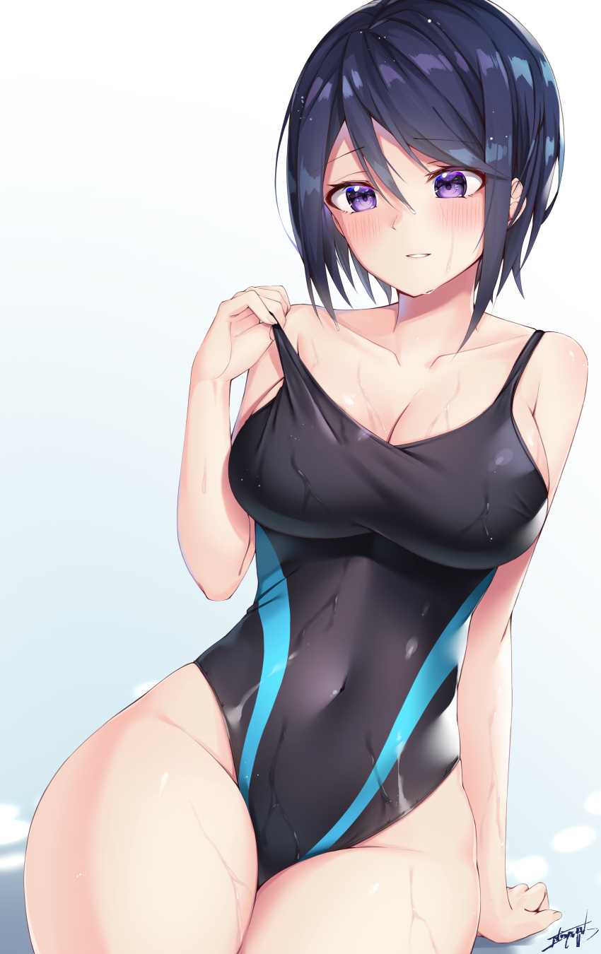 absurdres adjusting_clothes adjusting_swimsuit bad_id bad_pixiv_id black_hair black_one-piece_swimsuit breasts cleavage collarbone commentary_request competition_swimsuit covered_navel female gradient_background highres large_breasts niyun_(n_niyu) one-piece_swimsuit parted_lips purple_eyes school_swimsuit senki_zesshou_symphogear signature simple_background sitting smile solo swimsuit thighs tomosato_aoi undersized_clothes wet