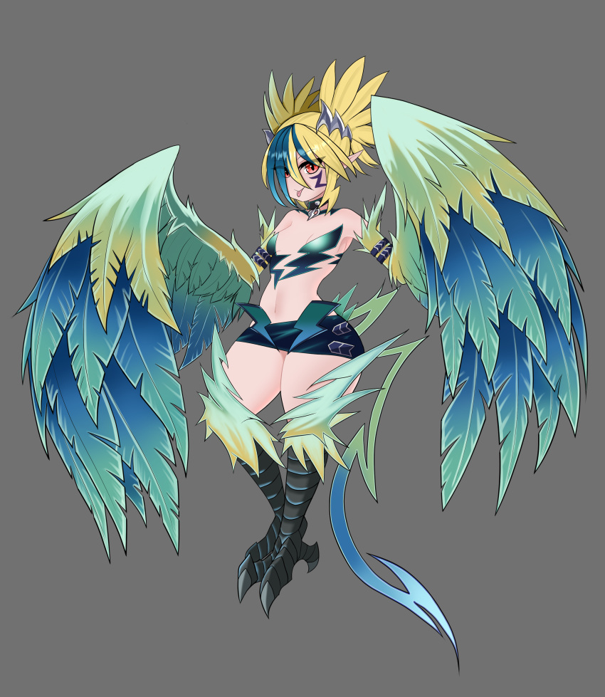 absurdres bare_shoulders bird_legs blonde_hair blue_feathers blue_hair blue_wings breasts commentary darkwrath facial_mark feathered_wings feathers female green_feathers green_wings grey_background harpy highres looking_at_viewer md5_mismatch miniskirt monster_girl monster_girl_encyclopedia multicolored_hair navel pointy_ears red_eyes resolution_mismatch short_twintails simple_background skirt small_breasts smile solo tail talons thunderbird_(monster_girl_encyclopedia) tongue tongue_out twintails two-tone_hair winged_arms wings