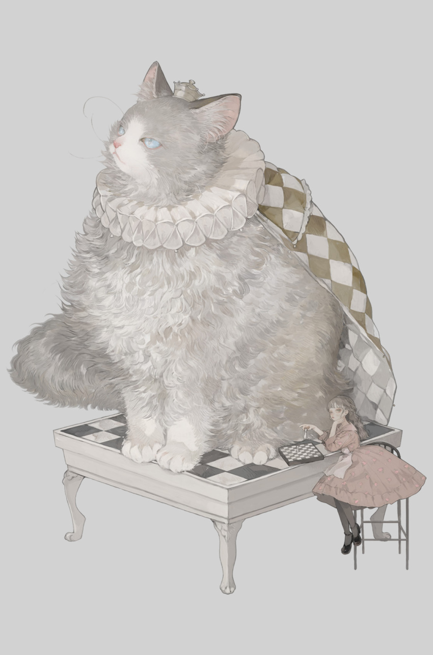 animal apron bad_id bad_pixiv_id black_footwear blue_eyes blunt_bangs brown_hair cape chair checkered_cape chess_piece chessboard collar commentary crown dress elbow_rest feline female frilled_collar frilled_dress frills grey_background head_rest highres holding_chess_piece long_hair mini_crown nekosuke_(oxo) original oversized_animal pantyhose pink_dress shoes simple_background sitting table wavy_hair white_apron