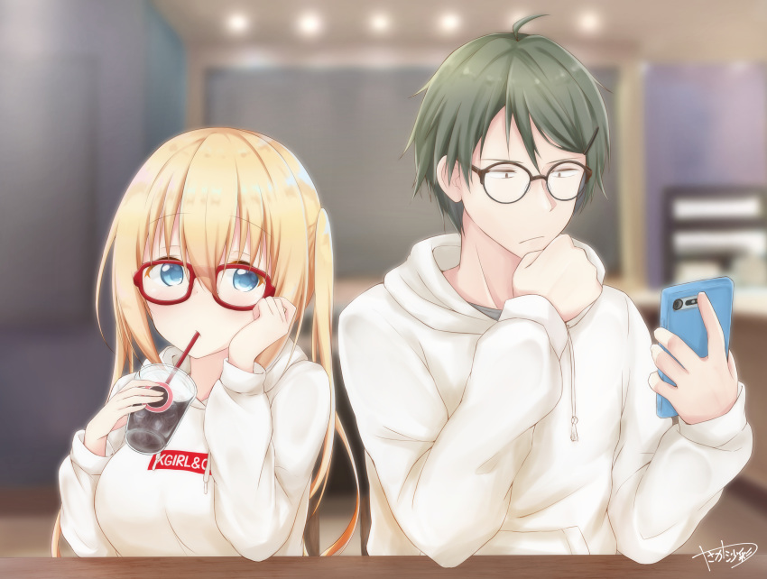 1boy :/ absurdres akizuki_kouyou bespectacled black-framed_eyewear blend_s blurry blush breasts cellphone chair closed_mouth clothes_writing commentary_request cup depth_of_field disposable_cup drawstring drinking drinking_straw female glasses green_hair hair_between_eyes hair_ornament hairclip head_rest highres hinata_kaho holding holding_phone hood hoodie indoors large_breasts long_hair looking_at_viewer phone red-framed_eyewear short_hair sitting smartphone table twintails yasaka_(astray_l)