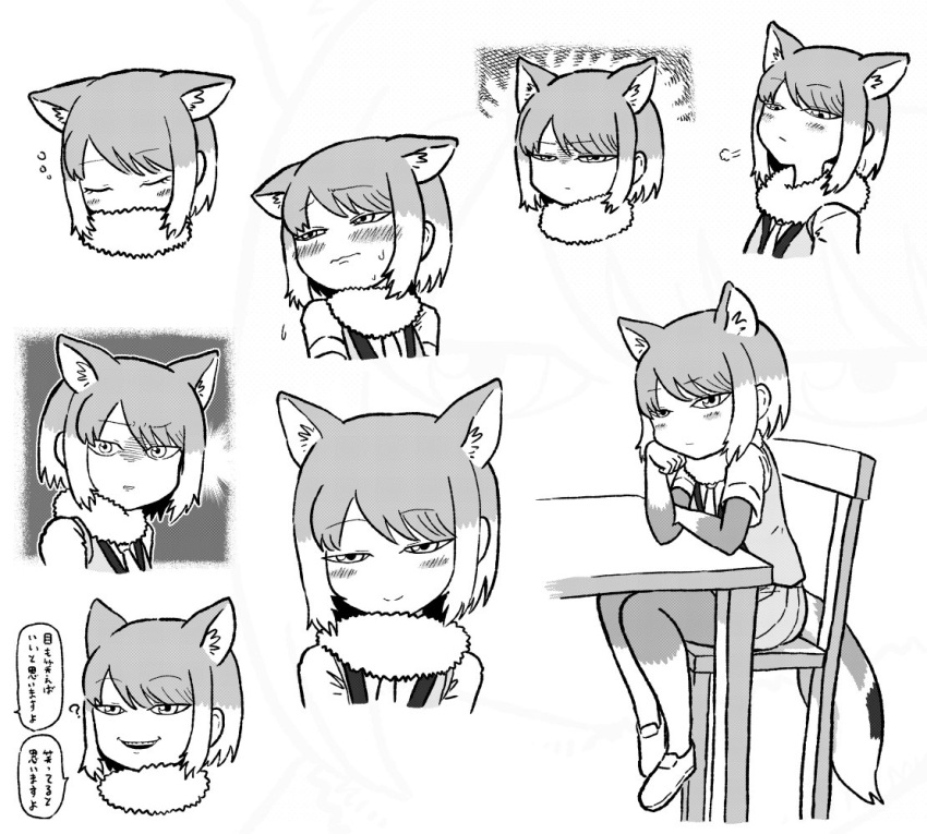 ? blush chair closed_eyes closed_mouth commentary_request female fur_collar greyscale kemono_friends kotobuki_(tiny_life) looking_at_viewer monochrome multiple_views necktie pantyhose short_hair sitting smile table tibetan_fox_(kemono_friends) translated vest wide-eyed