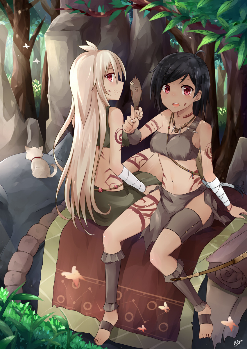 2girls ankle_wrap barefoot black_hair blonde_hair bodypaint commentary crop_top crop_top_overhang eating elephant english_commentary falsha feline fish food food_on_face forest highres jewelry jungle kailani long_hair long_legs midriff miniskirt mmrailgun multiple_girls nature navel necklace open_mouth original outdoors short_hair siblings sisters sitting skirt tan tank_top tattoo torn_clothes tribal wrist_wrap