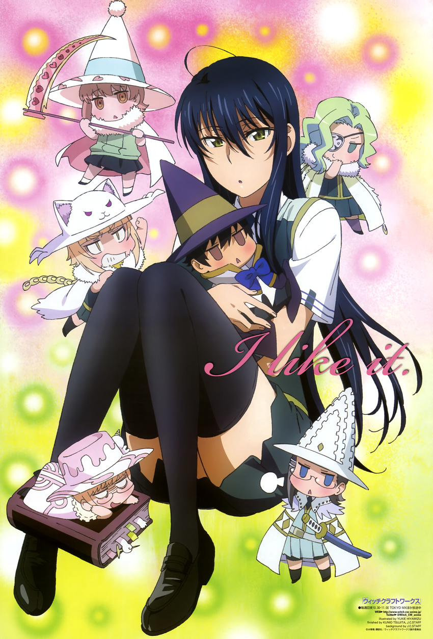 1boy 6+girls absurdres black_hair blue_hair book chibi eyepatch glasses highres hiyamizu_yukie kagari_ayaka katsura_kotetsu kazari_rin kuraishi_tanpopo long_legs menowa_mei multiple_girls newtype official_art scan sword takamiya_honoka thighhighs utsugi_kanna weapon witch_craft_works