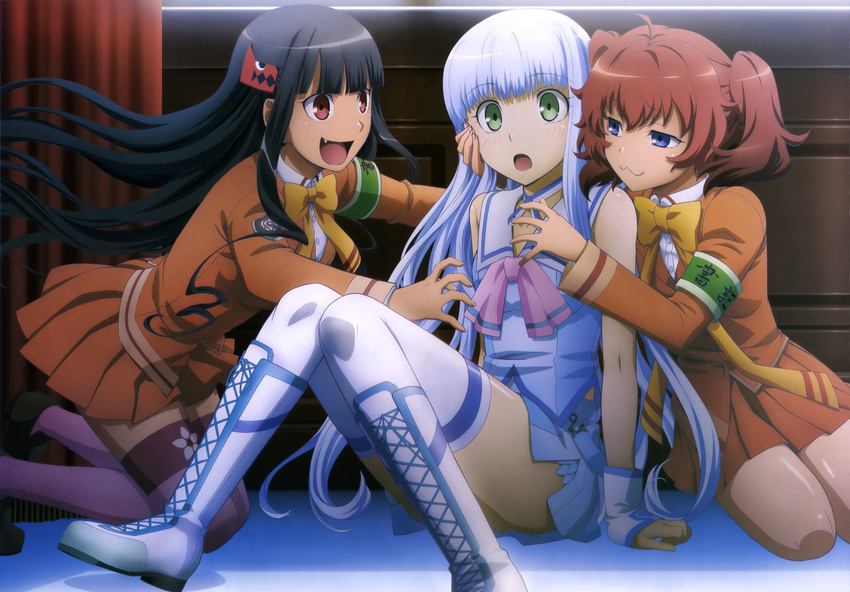 3girls :3 absurdres aoki_hagane_no_arpeggio ashigara_(aoki_hagane_no_arpeggio) black_hair blue_eyes blue_hair boots brown_hair cross-laced_footwear green_eyes haguro_(aoki_hagane_no_arpeggio) highres iona_(aoki_hagane_no_arpeggio) knee_boots lace-up_boots long_hair multiple_girls non-web_source nyantype oerba_yun_fang official_art red_eyes school_uniform thighhighs twintails white_footwear you_gonna_get_raped yuri