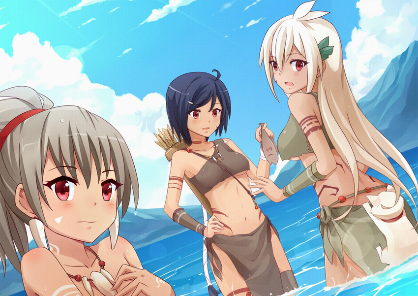 3girls ahoge ankle_wrap arrow_(projectile) beach black_hair blonde_hair bodypaint bone_earrings breasts brown_hair commentary crop_top crop_top_overhang day dutch_angle earrings english_commentary falsha feline fish hand_on_own_hip jewelry kailani lens_flare long_hair looking_at_viewer medium_breasts midriff miniskirt mmrailgun multiple_girls navel necklace original outdoors ponytail quiver red_eyes short_hair skirt small_breasts tan tank_top tattoo torn_clothes tribal underboob wading water wrist_wrap