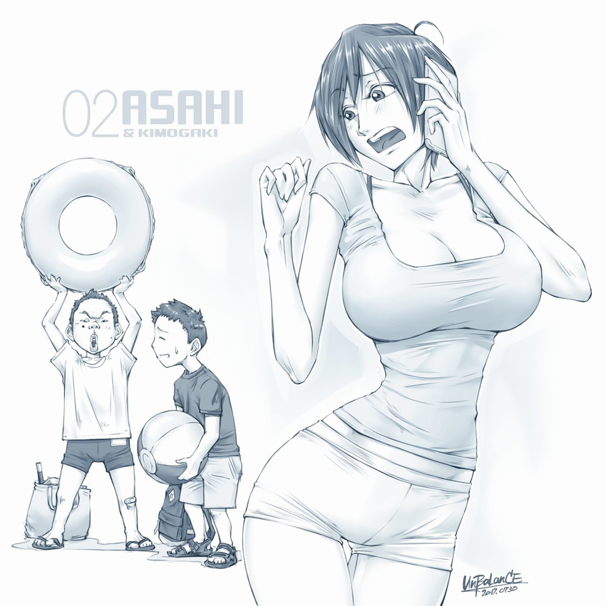 2boys aizawa_asahi_(unbalance) ass_visible_through_thighs ball beachball blue_theme blush bra_strap breasts cellphone collarbone commentary_request contrapposto cowboy_shot dated female highres inflatable_toy innertube large_breasts looking_at_another looking_back midriff_peek monochrome multiple_boys narrow_waist open_mouth original phone shirt short_hair short_shorts shorts signature simple_background smartphone square_neckline swim_ring t-shirt talking_on_phone taut_clothes taut_shirt thigh_gap tight_clothes tight_shirt unbalance