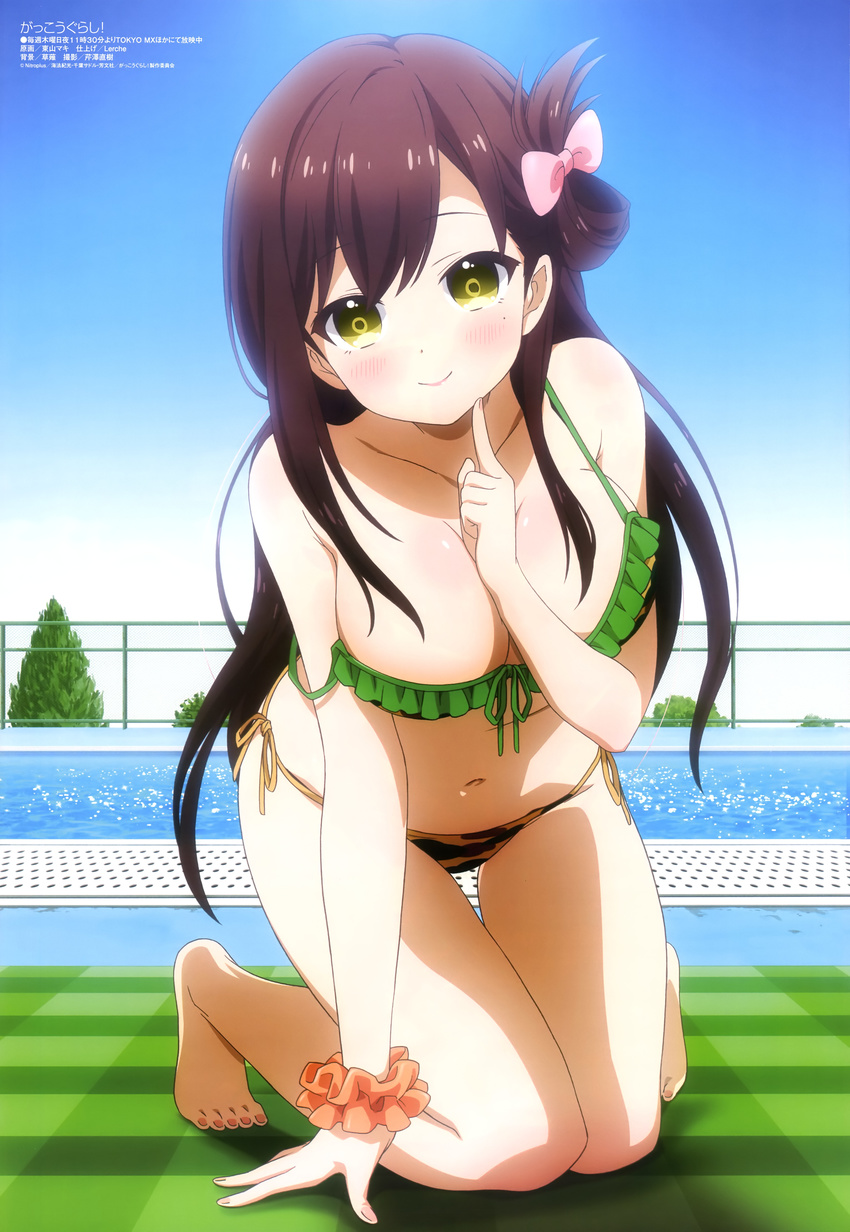 absurdres arm_support bikini blush bow breasts brown_hair camouflage camouflage_bikini cleavage day female finger_to_face folded_hair gakkou_gurashi! hairbow highres kneeling large_breasts long_hair looking_at_viewer megami_magazine mole mole_under_eye navel non-web_source official_art outdoors pool poolside scrunchie side-tie_bikini_bottom sky smile solo strap_slip swimsuit thigh_gap touyama_maki very_long_hair wakasa_yuuri water wrist_scrunchie yellow_eyes