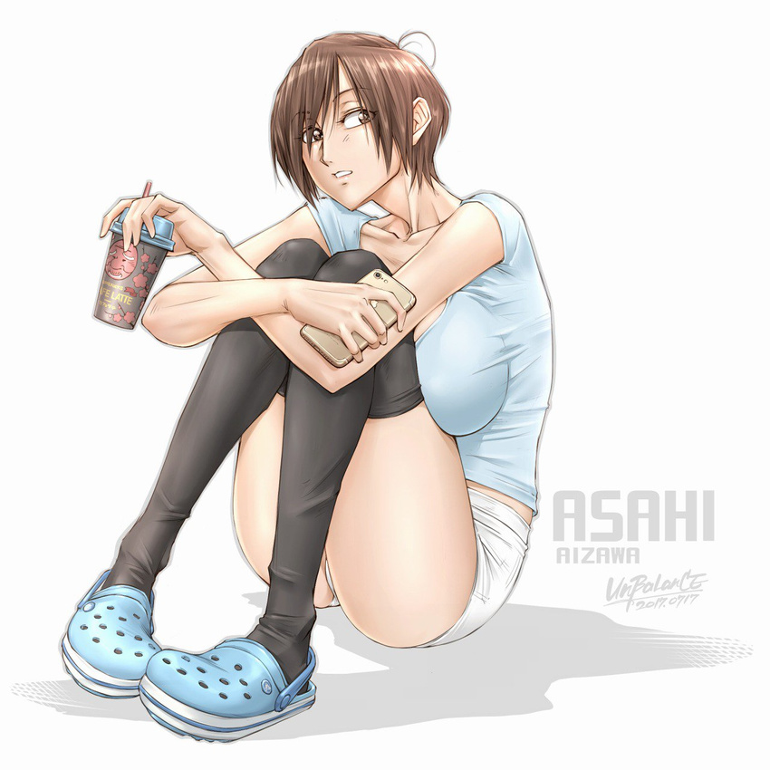 aizawa_asahi_(unbalance) breasts brown_eyes brown_hair cellphone commentary_request crocs dated drink female full_body highres large_breasts open_mouth original phone short_hair short_shorts shorts signature simple_background smartphone socks solo thighs unbalance