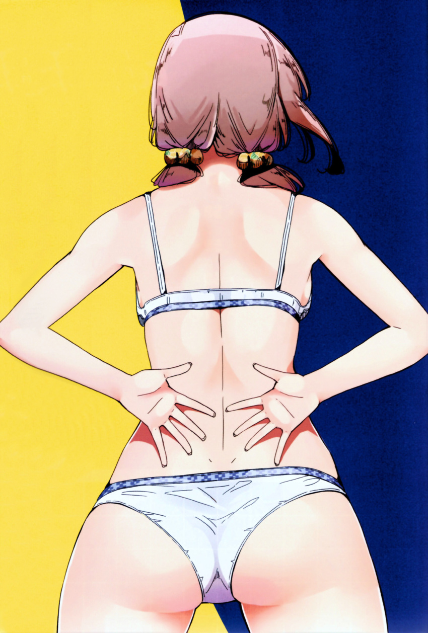 arms_behind_back ass back backboob bare_arms bare_legs bikini blue_bikini breasts brown_hair cowboy_shot facing_away female from_behind gimp_(medium) halterneck harukana_receive highres legs_apart low_twintails median_furrow medium_hair nyoijizai official_art oozora_haruka_(harukana_receive) open_hands scan shoulder_blades skindentation solo standing swimsuit thighs trefoil twintails