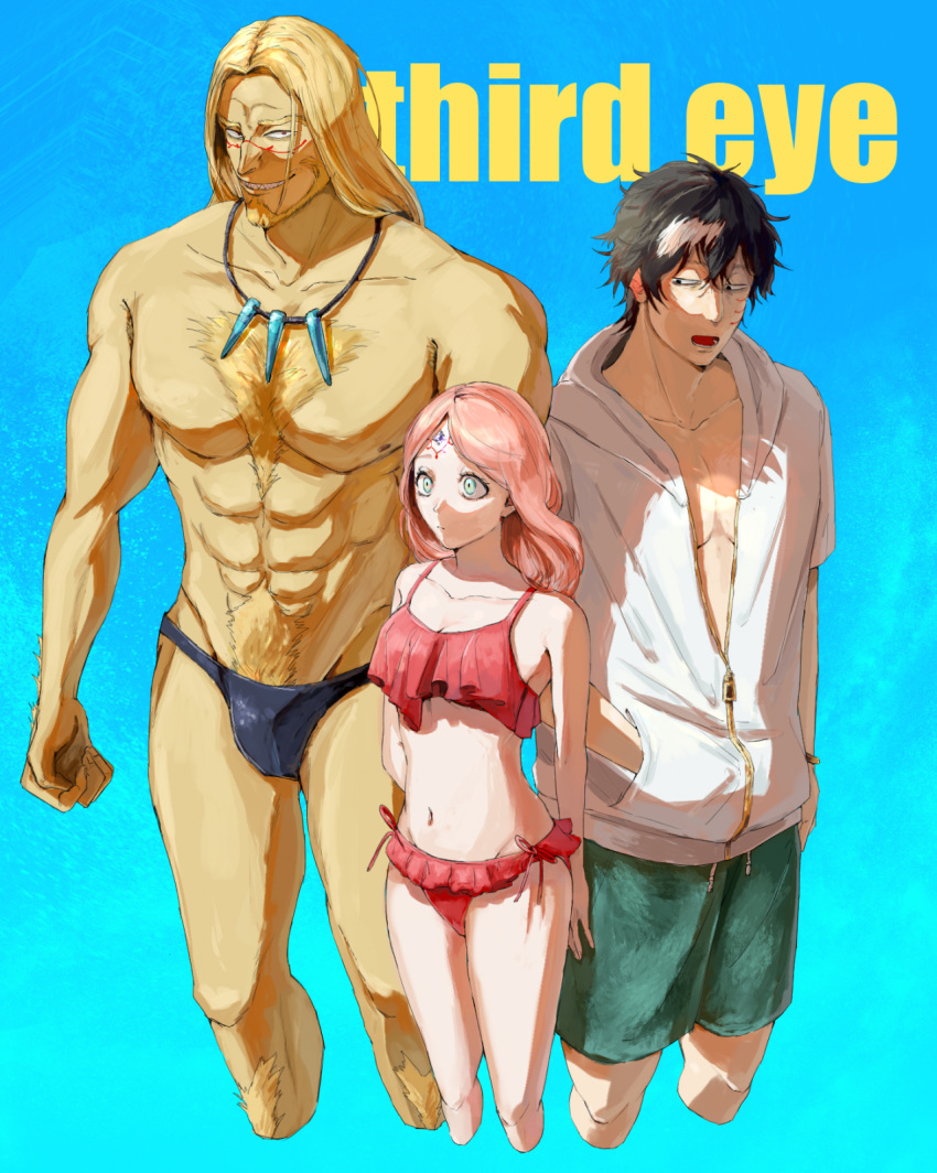 2boys abs beard bikini black_clover black_eyes black_hair blonde_hair blue_background blue_eyes breasts chest_hair collarbone commentary_request expressionless facial_hair facial_mark facial_tattoo fana_(elf)_(black_clover) female forehead_mark highres hood hoodie jewelry male_swimwear medium_breasts medium_hair multiple_boys muscular navel necklace open_mouth pink_hair red_bikini red_eyes rhya_(black_clover) sharp_teeth swim_briefs swimsuit tattoo teeth teraba_(tttburst) vetto_(black_clover) white_hoodie