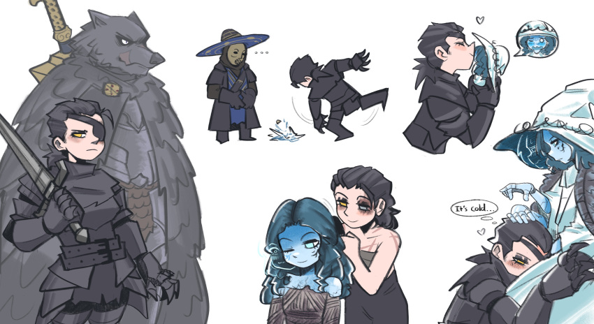 ... 2boys 2girls absurdres armor black_hair blaidd_the_half-wolf blue_eyes blue_hair blue_skin cape cloak closed_mouth colored_skin cracked_skin dress elden_ring extra_arms extra_faces eyepatch fur_cloak furry furry_male gauntlets greatsword hat highres hug huge_weapon jewelry joints kissing long_hair looking_at_viewer mask miniature_ranni moreblack multiple_boys multiple_girls one_eye_closed preceptor_seluvis ranni_the_witch scar smile sword tarnished_(elden_ring) weapon white_dress witch witch_hat wolf_boy yellow_eyes yuri