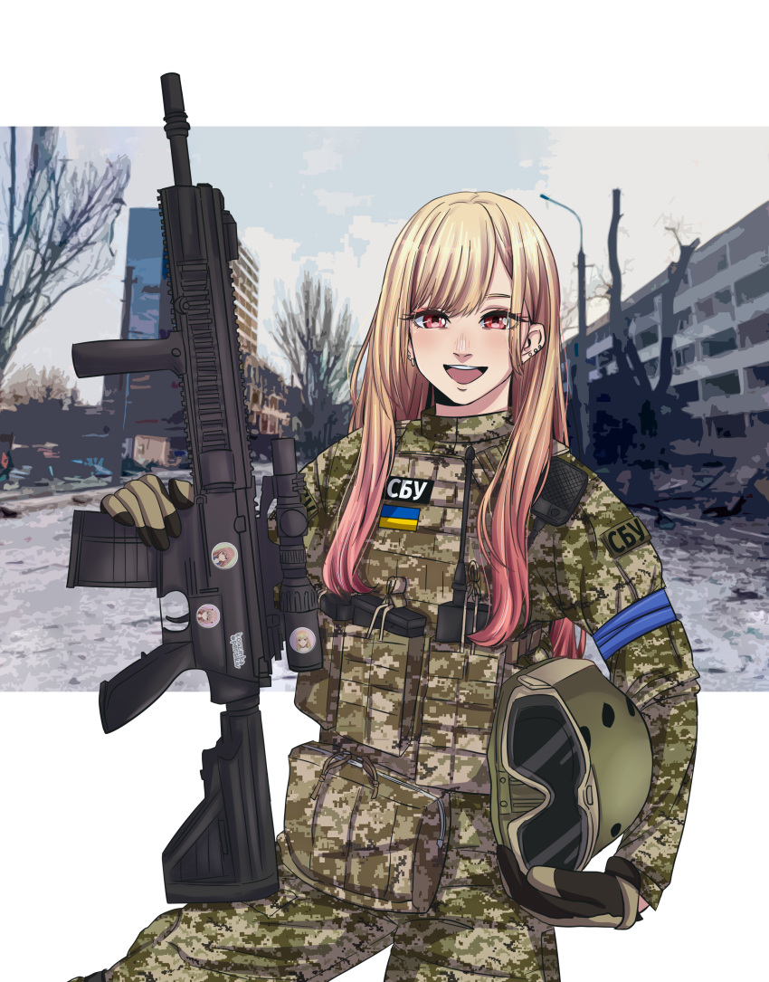 :d absurdres alternate_costume bare_tree blonde_hair blush building camouflage cloud commentary ear_piercing female flag goggles gradient_hair gun headwear_removed helmet helmet_removed highres kitagawa_marin korzinka_persikiv long_hair looking_at_viewer magazine_(weapon) military military_uniform multicolored_hair open_mouth outdoors piercing red_eyes rifle ruins sky smile sniper_rifle solo sono_bisque_doll_wa_koi_wo_suru standing tree ukrainian_flag uniform walkie-talkie weapon