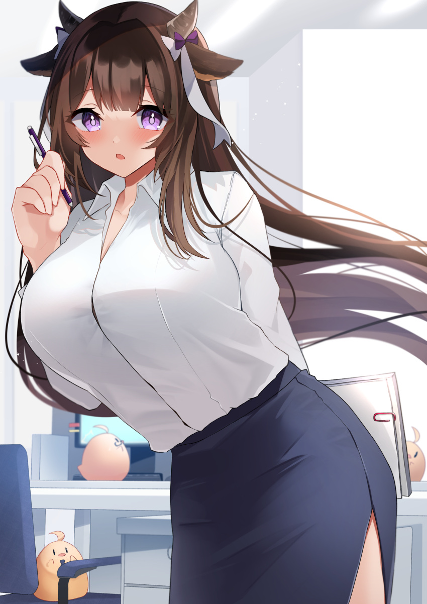 absurdres animal_ears azur_lane blush breasts brown_hair collared_shirt commentary_request commission cow_ears cow_horns female formal highres horns huge_breasts kashino_(azur_lane) long_hair looking_at_viewer manjuu_(azur_lane) office_lady open_mouth pen pencil_skirt purple_eyes shirt skeb_commission skirt skirt_suit suit white_shirt yamaha_tsui