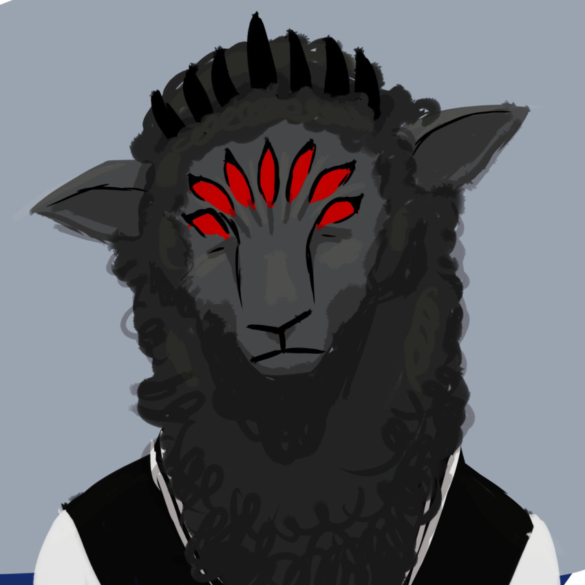 1:1 7_eyes 7_horns ambiguous_gender black_body black_fur black_wool bovid bust_portrait caprine fur hi_res horn looking_at_viewer luminescentgoat mammal multi_eye multi_horn no_pupils portrait red_eyes sheep simple_background solo wool_(fur) wool_hair