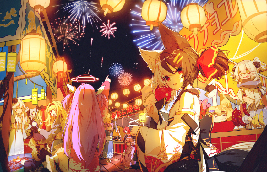 6+girls :o ahoge alice_mana animal_ear_fluff animal_ears black_bow black_hair bow candy_apple chinese_commentary chucolala commentary drink enfer_mirei fireworks fish food goldfish hair_between_eyes hair_ornament hairbow hanazono_serena hands_up highres hiseki_erio holding holding_drink holding_food indie_virtual_youtuber japanese_clothes kimono komori_chiyu long_hair looking_at_viewer looking_back mashiro_kanon multicolored_hair multiple_girls one_eye_covered open_mouth otome_oto parted_lips paryi_(vtuber) paryi_project pink_hair red_bow red_eyes red_kimono shiina_nanoha shito_anon short_hair summer_festival suzumiya_rin virtual_youtuber white_hair wide_sleeves yorurui_sansan yukata yumeno_shiori