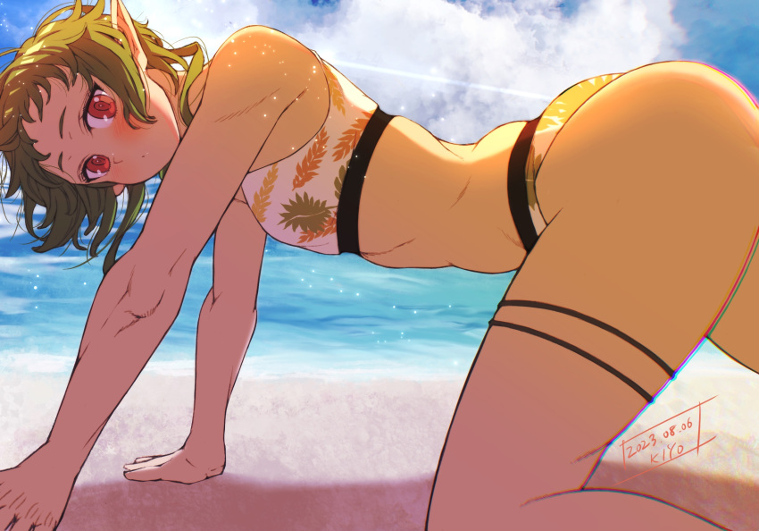 all_fours artist_name beach bikini blue_sky blush cloud dated day elf female green_hair highres kiyo_(a_sam_ko) leaf_print mushoku_tensei ocean outdoors pointy_ears red_eyes short_hair sky solo swimsuit sylphiette_(mushoku_tensei) thigh_strap water