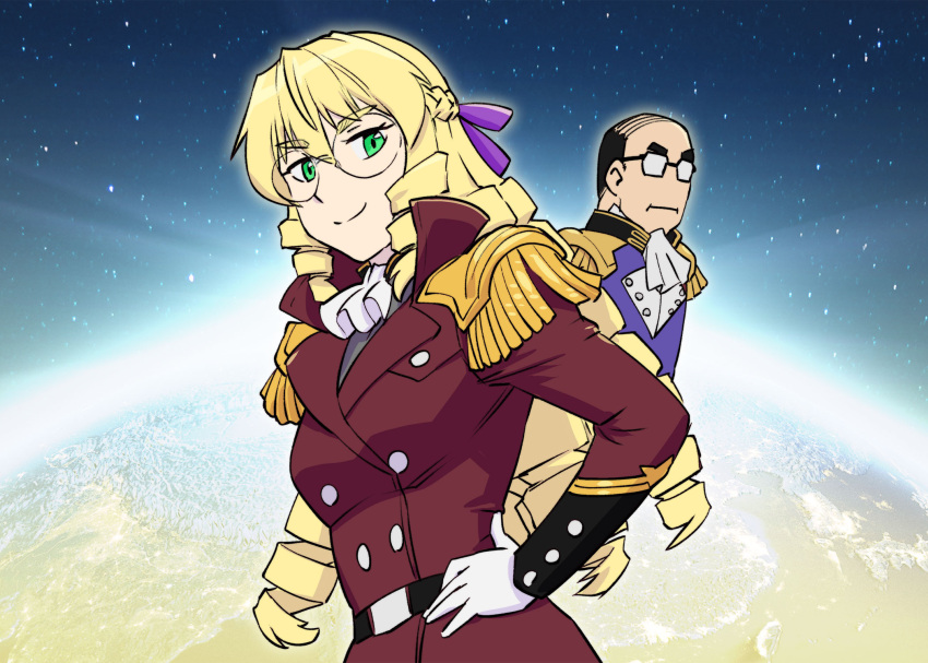 >:) 1boy akuyaku_reijou_tensei_ojisan alternate_costume ascot black_hair blonde_hair braid commentary_request cosplay drill_hair drill_sidelocks earth_(planet) epaulettes female glasses gloves grace_auvergne green_eyes gundam gundam_wing hair_ribbon hand_on_own_hip highres lady_une lady_une_(cosplay) long_hair looking_at_viewer military military_uniform official_art parody planet purple_ribbon ribbon sidelocks single_braid sky smile space star_(sky) starry_sky tondabayashi_kenzaburou treize_khushrenada treize_khushrenada_(cosplay) ueyama_michirou uniform v-shaped_eyebrows white_gloves