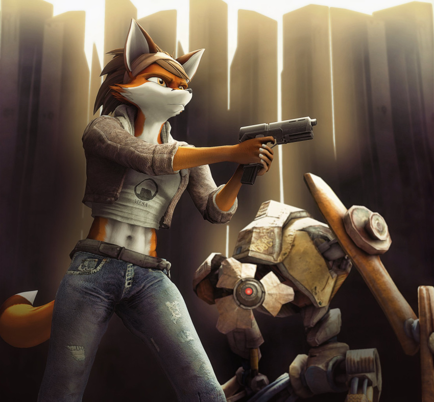 2023 3d_(artwork) alyx_vance anthro black_nose blue_bottomwear blue_clothing blue_jeans blue_pants bottomwear brown_clothing brown_hair canid canine clothing denim denim_bottomwear denim_clothing digital_media_(artwork) dog_(half-life) female fox fur gold97fox grey_clothing gun hair half-life half-life_2 handgun hi_res holding_gun holding_handgun holding_object holding_pistol holding_ranged_weapon holding_weapon jeans machine mammal midriff navel orange_body orange_eyes orange_fur pants pistol ranged_weapon red_fox robot source_filmmaker_(artwork) true_fox valve warfare_machine weapon white_body white_fur