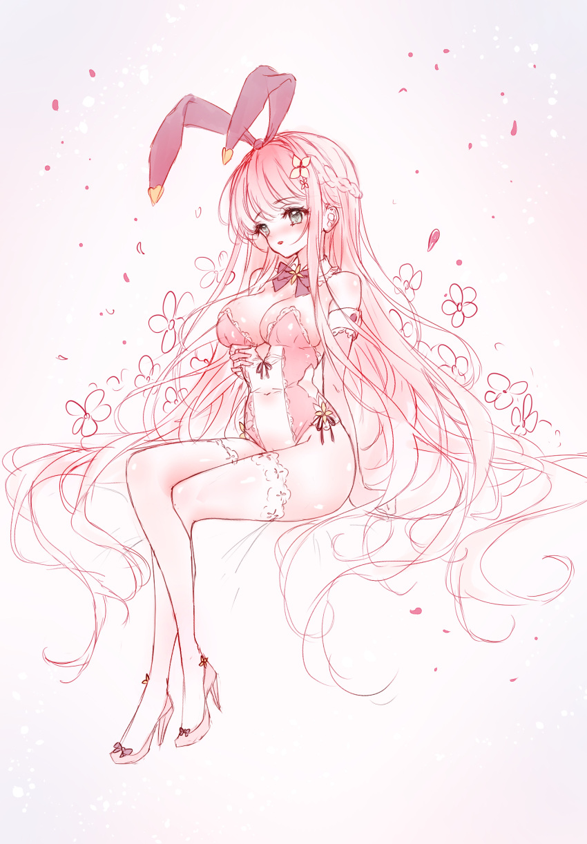 animal_ears arcaea bare_shoulders blush braid breasts cleavage commentary crossed_legs fake_animal_ears female floral_background flower full_body green_eyes hair_flower hair_ornament hand_up high_heels highres kou_(arcaea) leotard long_hair medium_breasts nose_blush parted_lips pink_footwear pink_hair pink_leotard playboy_bunny rabbit_ears shoes sitting solo strapless strapless_leotard tandohark thighhighs very_long_hair white_flower white_thighhighs