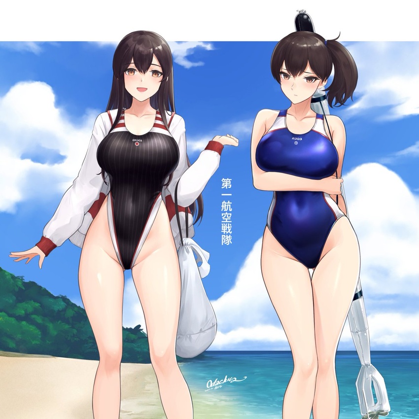 2girls akagi_(kancolle) alternate_costume arm_under_breasts bag bare_shoulders black_one-piece_swimsuit blue_one-piece_swimsuit breasts brown_hair closed_mouth cloud dated hair_between_eyes highres holding holding_bag holding_torpedo jacket kaga_(kancolle) kantai_collection large_breasts long_hair long_sleeves looking_at_viewer multiple_girls ocean odachu one-piece_swimsuit open_mouth outdoors ponytail short_hair signature swimsuit thigh_gap torpedo translation_request very_long_hair white_jacket