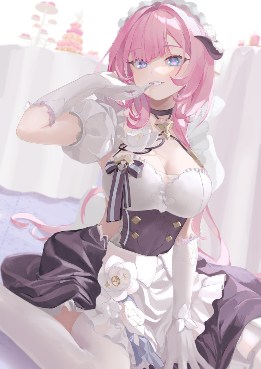 :d absurdres biting blue_eyes breasts cleavage cleavage_cutout closed_mouth clothing_cutout commentary_request elf elysia_(honkai_impact) elysia_(miss_pink_elf)_(honkai_impact) female glove_biting gloves grin highres honkai_(series) honkai_impact_3rd looking_at_viewer maid official_alternate_costume pink_hair pointy_ears ponytail roena short_sleeves sitting smile solo teeth thighhighs wariza white_gloves white_thighhighs