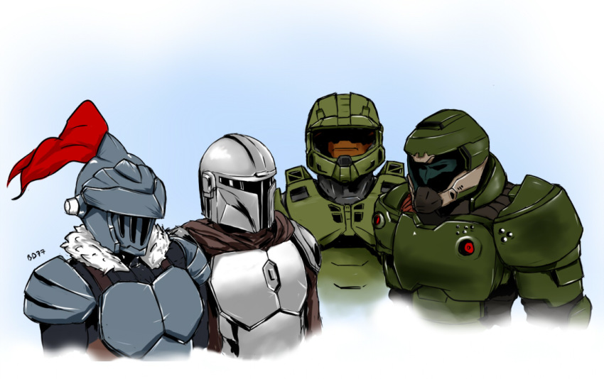 4boys animification armor assault_visor bd77 blue_background blue_visor commentary cropped_arms cropped_torso crossover din_djarin doom_(series) doomguy english_commentary faceless faceless_male full_armor goblin_slayer goblin_slayer! halo_(series) looking_ahead looking_to_the_side male_focus mandalorian master_chief me_and_the_boys_(meme) meme multiple_boys multiple_crossover orange_visor plume power_armor praetor_suit science_fiction signature spartan_(halo) star_wars the_mandalorian trait_connection visor_(armor)