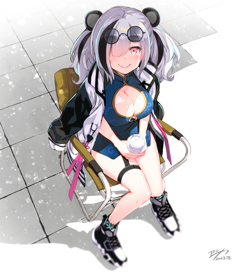 animal_ears arknights bare_legs black_footwear black_hair blue_dress blush breasts chair china_dress chinese_clothes cleavage cleavage_cutout clothing_cutout commentary_request cup dated disposable_coffee_cup disposable_cup dress eyewear_on_head feater_(arknights) female from_above grey_hair hair_over_one_eye highres holding holding_cup jacket jacket_on_shoulders large_breasts leg_belt long_hair long_sleeves looking_at_viewer multicolored_hair panda_ears pink_eyes purple-tinted_eyewear raglan_sleeves round_eyewear shoes short_dress signature smile solo streaked_hair sunglasses thighs tinted_eyewear weshika white_hair white_jacket