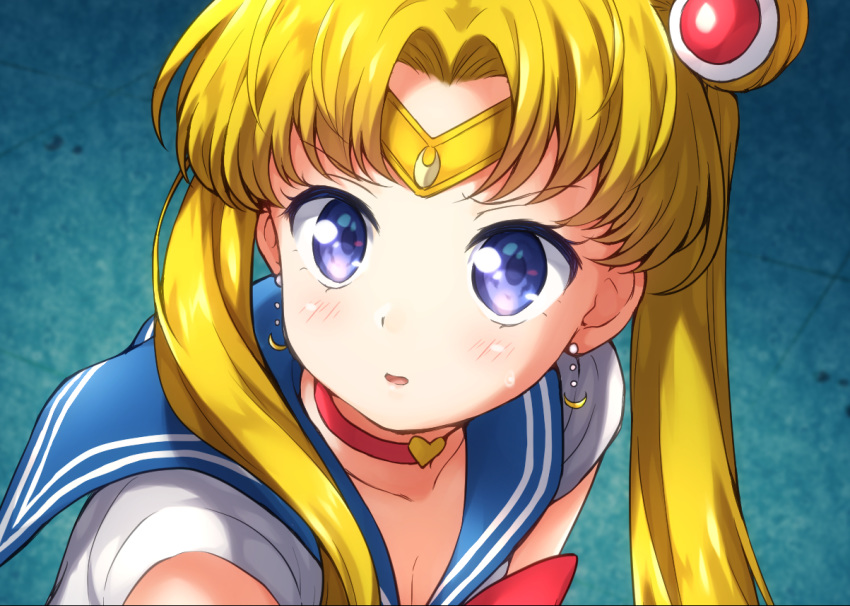 bishoujo_senshi_sailor_moon bishoujo_senshi_sailor_moon_s blonde_hair blue_eyes blue_sailor_collar choker circlet collarbone commentary_request crescent crescent_earrings derivative_work double_bun earrings female hair_bun hair_over_shoulder heart heart_choker jewelry long_hair magical_girl meme miyabi_(miyabeeya) open_mouth parted_bangs red_choker sailor_collar sailor_moon sailor_moon_redraw_challenge_(meme) sailor_senshi_uniform screenshot_redraw solo tsukino_usagi twintails upper_body