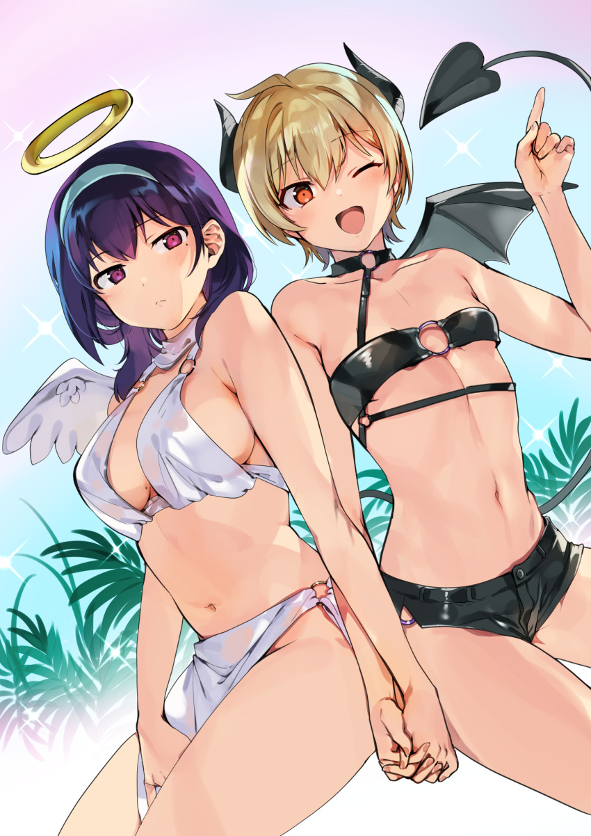 2girls ;d angel angel_and_devil angel_wings bare_shoulders blonde_hair blue_hair breasts brown_eyes cleavage collarbone commentary_request demon_horns demon_tail demon_wings feathered_wings halo harumi_hana highres holding_hands horns ichihara_chiaki index_finger_raised konbu_wakame large_breasts looking_at_viewer medium_hair mole mole_on_breast mole_under_eye multiple_girls navel official_art one_eye_closed open_mouth purple_eyes sekai_de_ichiban_oppai_ga_suki! short_hair small_breasts smile tail thighs wings yuri