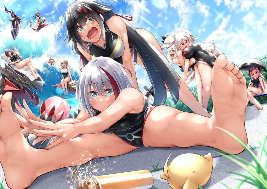 6+girls admiral_graf_spee_(azur_lane) alternate_costume august_von_parseval_(azur_lane) azur_lane barefoot cloud cloudy_sky competition_swimsuit day deutschland_(azur_lane) elbe_(azur_lane) feet foot_focus foreshortening hat highres luetzow_(azur_lane) manjuu_(azur_lane) multicolored_hair multiple_girls one-piece_swimsuit oriue_wato outdoors prinz_adalbert_(azur_lane) prinz_heinrich_(azur_lane) prinz_rupprecht_(azur_lane) reclining rigging sitting sky soles split spread_legs streaked_hair stretching swimsuit toes u-101_(azur_lane) u-47_(azur_lane) umbrella water