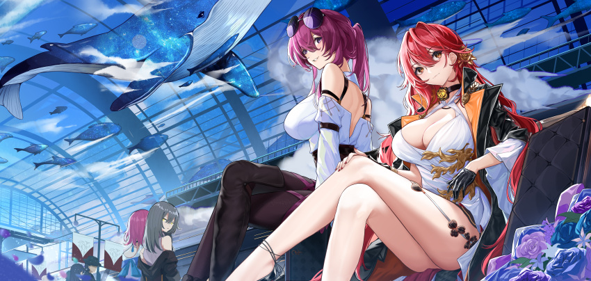 4girls :< absurdres astral_express_(honkai:_star_rail) back back_cutout bare_shoulders black_choker black_coat black_footwear black_gloves blue_flower blue_rose blue_sky breasts choker cleavage clothing_cutout coat commentary_request criss-cross_halter crossed_legs dress eyewear_on_head feet_out_of_frame flower flower_choker flying_whale gloves golden_rose grey_hair hair_flower hair_ornament halterneck hand_on_own_knee high-waist_shorts highres himeko_(honkai:_star_rail) honkai:_star_rail honkai_(series) kafka_(honkai:_star_rail) long_hair long_sleeves looking_at_viewer march_7th_(honkai:_star_rail) multiple_girls na2cl off_shoulder open_clothes open_coat pantyhose people pink_hair ponytail purple_eyes purple_flower purple_hair purple_rose red_hair red_nails rose round_eyewear shirt shorts sitting sky sleeveless sleeveless_shirt smile stelle_(honkai:_star_rail) sunglasses trailblazer_(honkai:_star_rail) train_station very_long_hair whale white_dress white_shirt