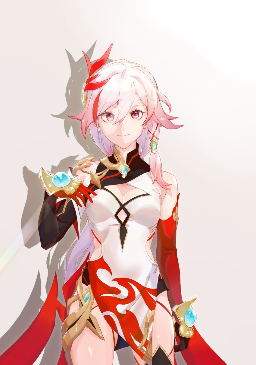 abunishu breasts brown_gloves cleavage closed_mouth dress elbow_gloves female fu_hua fu_hua_(phoenix) gloves grey_background hair_ornament highres honkai_(series) honkai_impact_3rd long_hair looking_at_viewer ponytail red_eyes red_gloves shadow simple_background smile solo white_dress white_hair