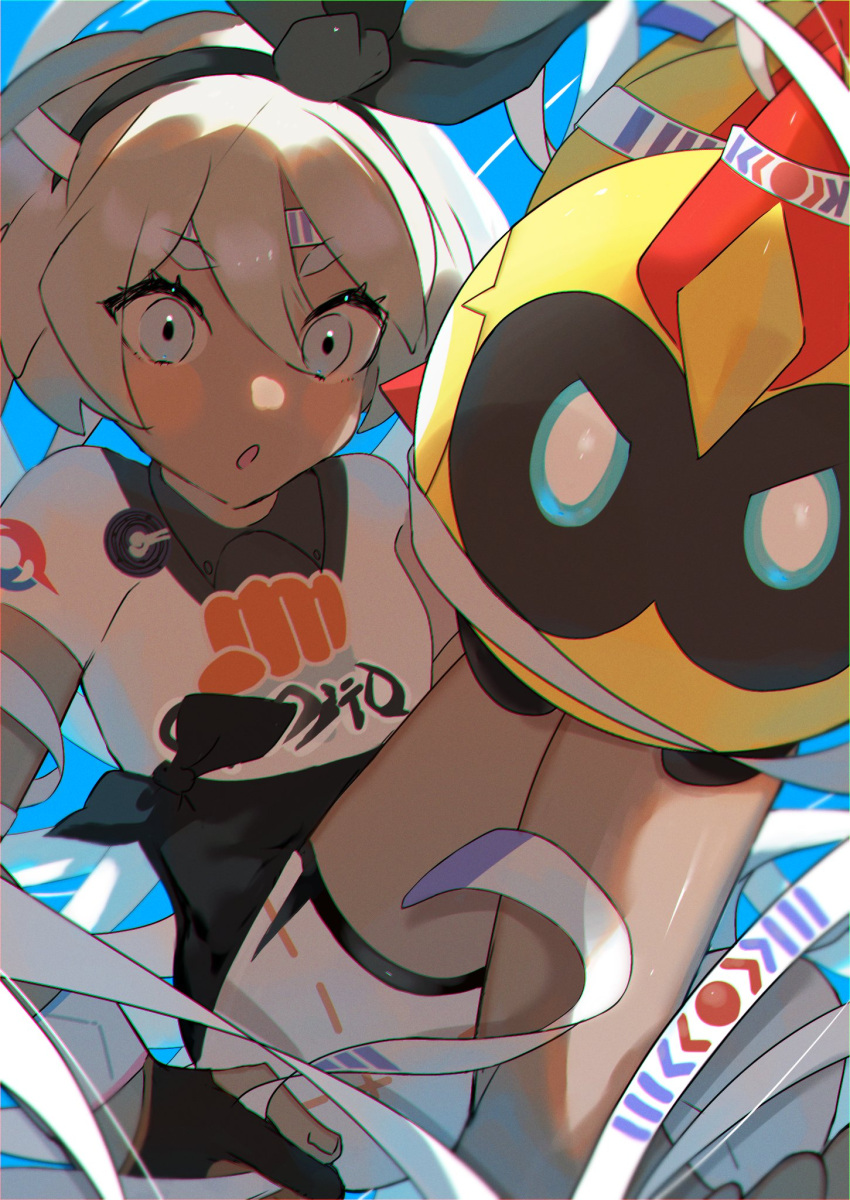 :o barefoot bea_(pokemon) black_bodysuit black_hairband blonde_hair blurry blush_stickers bodysuit bodysuit_under_clothes bow_hairband choice_band collared_shirt commentary_request dynamax_band eyelashes falinks female gloves grey_eyes hair_between_eyes hairband headband highres partially_fingerless_gloves pokemon pokemon_(creature) pokemon_swsh print_shirt print_shorts shirt short_sleeves shorts side_slit side_slit_shorts tied_shirt ume_(ume_445) white_shorts