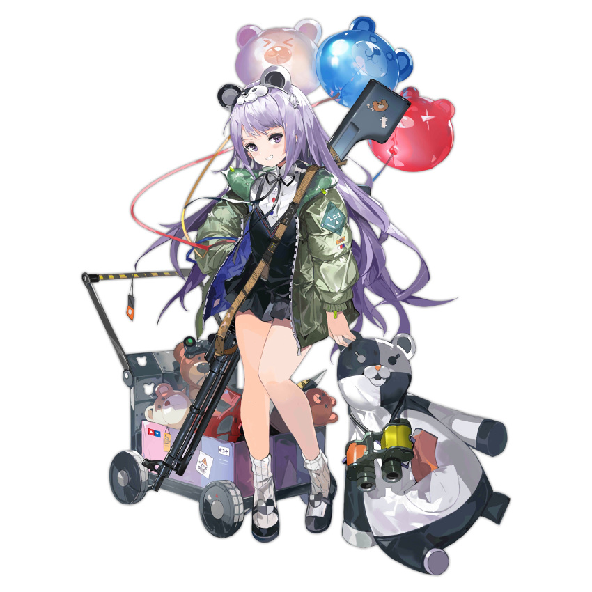 >_< aged_down alchemaniac animal_balloon animal_ear_headwear animal_ears balloon binoculars black_dress black_footwear black_ribbon dress fake_animal_ears female full_body girls'_frontline green_jacket grin gun gun_on_back hairband hand_in_pocket highres jacket light_blush light_machine_gun long_hair long_sleeves looking_at_viewer mary_janes neck_ribbon o_o official_alternate_costume official_art purple_eyes purple_hair ribbed_socks ribbon rpk rpk-203_(girls'_frontline) rpk-203_(little_volunteer)_(girls'_frontline) shirt shoes simple_background smile socks solo standing sticker stuffed_animal stuffed_panda stuffed_toy teddy_bear third-party_source toy_wagon transparent_background two-tone_hairband very_long_hair weapon weapon_on_back white_shirt white_socks