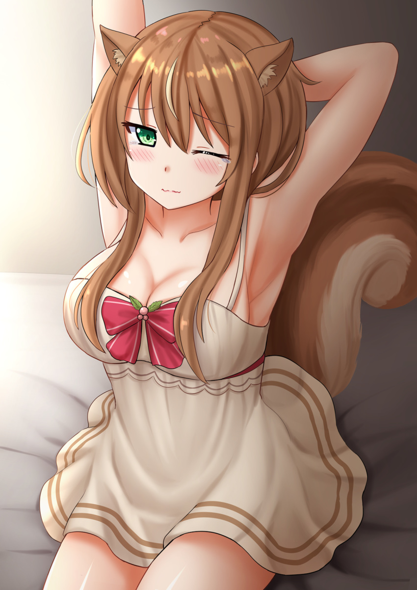 animal_ears armpits arms_up ayunda_risu ayunda_risu_(1st_costume) bare_arms bare_shoulders bed_sheet bow brown_dress brown_hair closed_mouth commentary_request dress female green_eyes hair_between_eyes highres hololive hololive_indonesia kazenokaze long_hair one_eye_closed red_bow sitting sleeveless sleeveless_dress solo squirrel_ears squirrel_girl squirrel_tail stretching striped striped_bow tail tears virtual_youtuber waking_up wavy_mouth