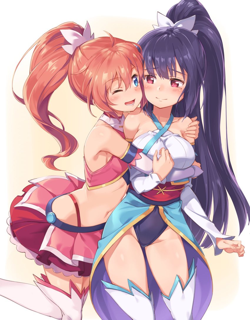 2girls ;d absurdres amatsuki_meguru angel_rose angel_sapphire bare_shoulders black_hair blue_eyes blush boots breasts collarbone commentary_request covered_navel hand_on_another's_shoulder highres hug japanese_clothes kisaragi_sumire leotard long_hair magical_girl michairu mole mole_under_eye multiple_girls navel obi one_eye_closed open_mouth pink_skirt red_eyes red_hair red_skirt sash skirt smile thigh_boots thighhighs twin_angel twin_angel_break very_long_hair white_footwear yellow_background