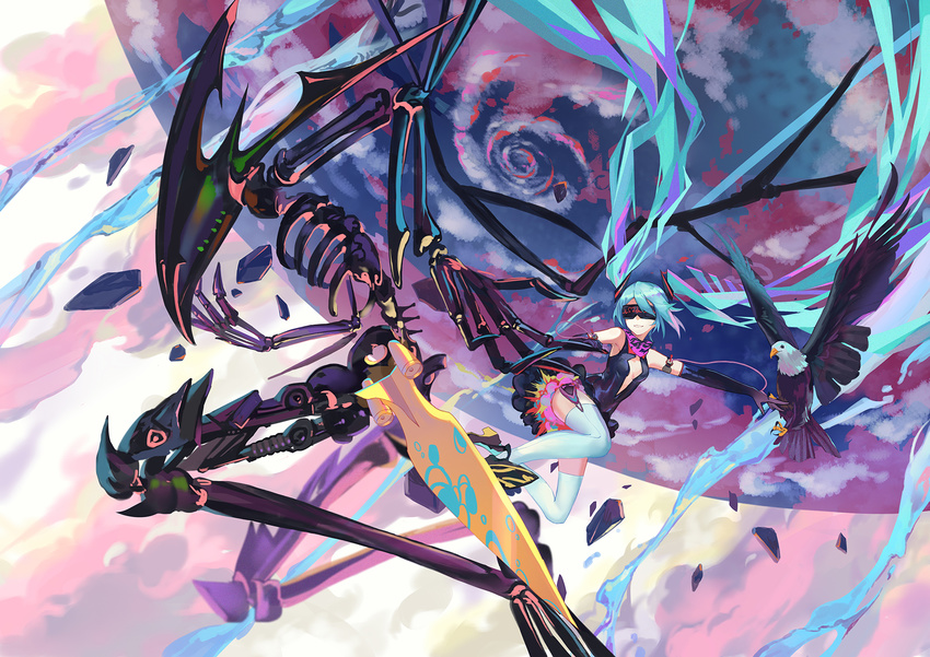 aqua_hair bird commentary criin dress eagle elbow_gloves glasses gloves hatsune_miku highres hover_board long_hair planet scarf skeleton thighhighs very_long_hair vocaloid white_legwear