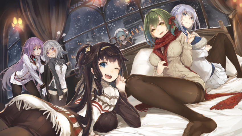 6+girls ;d aran_sweater ass back-to-back bed black_legwear blazer blue_eyes blue_hair blush braid breasts brown_eyes brown_hair building cable_knit closed_mouth commentary cruel_gz curtains demon_horns diana_(sennen_sensou_aigis) dutch_angle elias_(sennen_sensou_aigis) english_commentary gloves green_hair grey_hair hair_between_eyes hair_ribbon head_tilt helmine_(sennen_sensou_aigis) highres horns indoors jacket lapis_(sennen_sensou_aigis) large_breasts leaning_forward lens_flare leora_(sennen_sensou_aigis) long_hair long_sleeves looking_at_viewer looking_back lucia_(sennen_sensou_aigis) lying mole mole_under_eye multiple_girls night no_shoes on_bed on_stomach one_eye_closed open_mouth own_hands_together pantyhose parted_lips plaid plaid_scarf pleated_skirt puff_of_air purple_eyes purple_hair red_ribbon red_scarf ribbon scarf sennen_sensou_aigis sitting skirt sleeves_past_wrists smile snow snowing standing sweater thighband_pantyhose thighhighs twintails very_long_hair wavy_mouth white_gloves white_skirt window