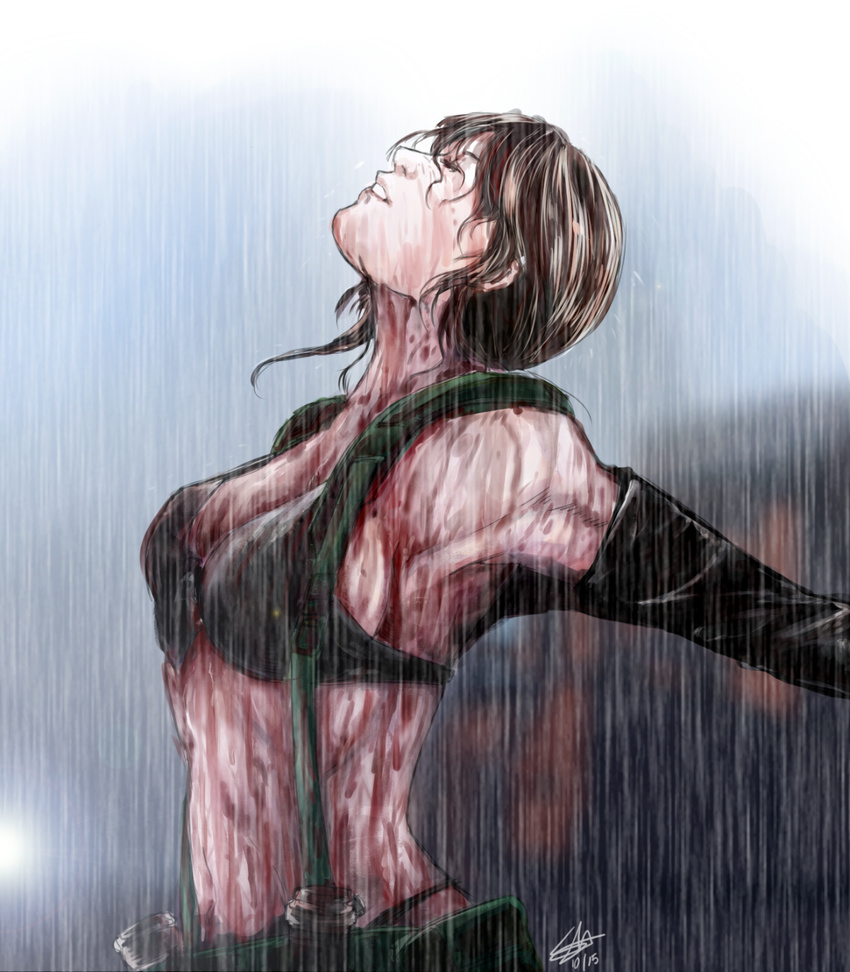 blood breasts brown_hair closed_eyes female front-tie_top highres looking_up metal_gear_(series) metal_gear_solid_v mosoru outstretched_arms pouch quiet_(metal_gear) rain sideboob signature solo upper_body wet