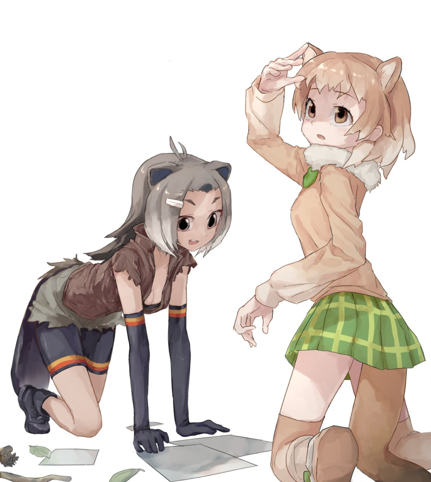 2girls all_fours american_beaver_(kemono_friends) animal_ears bare_shoulders beaver_ears beaver_tail bike_shorts bike_shorts_under_shorts black-tailed_prairie_dog_(kemono_friends) boots bow bowtie bra brown_hair commentary elbow_gloves extra_ears forehead fur_collar gloves grey_hair hair_ornament hairclip highres kemono_friends kneeling light_brown_hair long_sleeves multicolored_hair multiple_girls paper plaid plaid_skirt pleated_skirt short_hair shorts skirt sleeveless sweater tail thighhighs tito_(men-hukurou) underwear vest