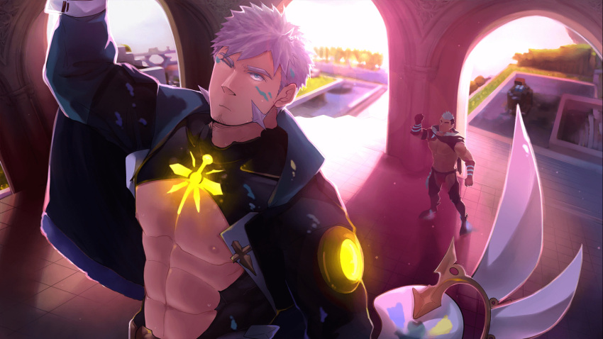 2boys abs abs_cutout artist_painter bad_source bara bare_pectorals capelet chest_harness cropped_jacket facial_hair floating floating_object glowing goatee grey_hair gyee harness highres large_pectorals long_sideburns male_focus masayoshi_togashi_(alu379) multiple_boys muscular muscular_male navel official_art one_eye_closed paint_on_clothes paint_splatter paint_splatter_on_face palette_(object) pectorals shirt short_hair sideburns skin_tight smile stomach stubble su_(gyee) taut_clothes taut_shirt upper_body yan_(gyee)