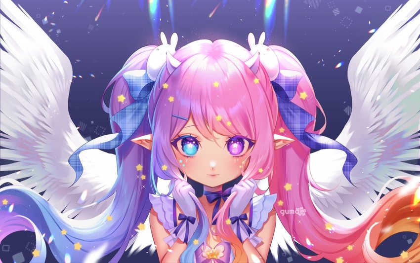 alternate_costume angel_wings blonde_hair blue_bow blue_eyes blue_hair bow brooch chromatic_aberration commentary demon_horns dress emberlith eyelashes female floating_hair gloves gradient_hair gumae hair_between_eyes hair_ornament hairbow hands_up heterochromia holding holding_own_hair horns indie_virtual_youtuber jewelry looking_at_viewer magical_girl multicolored_hair neck_ribbon pink_bow pink_hair pointy_ears purple_background purple_eyes purple_hair rabbit_hair_ornament ribbon sidelocks signature sleeveless sleeveless_dress solo star-shaped_pupils star_(symbol) star_brooch star_hair_ornament sticker_on_face symbol-shaped_pupils twintails upper_body virtual_youtuber white_gloves wings wrist_bow wrist_ribbon