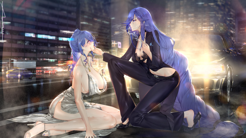 2girls absurdly_long_hair absurdres au11 azur_lane backless_dress backless_outfit bare_shoulders belt biloxi_(azur_lane) biloxi_(empress_in_the_silk_seat)_(azur_lane) black_choker black_footwear black_suit blue_eyes blue_hair blue_nails blush bra bra_peek bracelet braid braided_ponytail breasts car choker cigarette cityscape cleavage cowl_neck dress earrings evening_gown formal full_body hair_between_eyes hair_ornament hairclip halter_dress halterneck hand_on_another's_chin handkerchief high_heels highres jacket jewelry large_breasts long_hair medium_breasts motor_vehicle multiple_girls nail_polish necklace no_panties no_shirt official_alternate_costume pants pink_eyes plunging_neckline purple_jacket purple_pants revealing_clothes side_ponytail sidelocks silver_dress silver_footwear sitting sleeveless sleeveless_dress small_breasts smoke smoking st._louis_(azur_lane) st._louis_(luxurious_wheels)_(azur_lane) suit suit_jacket thighs underwear very_long_hair yokozuwari yuri