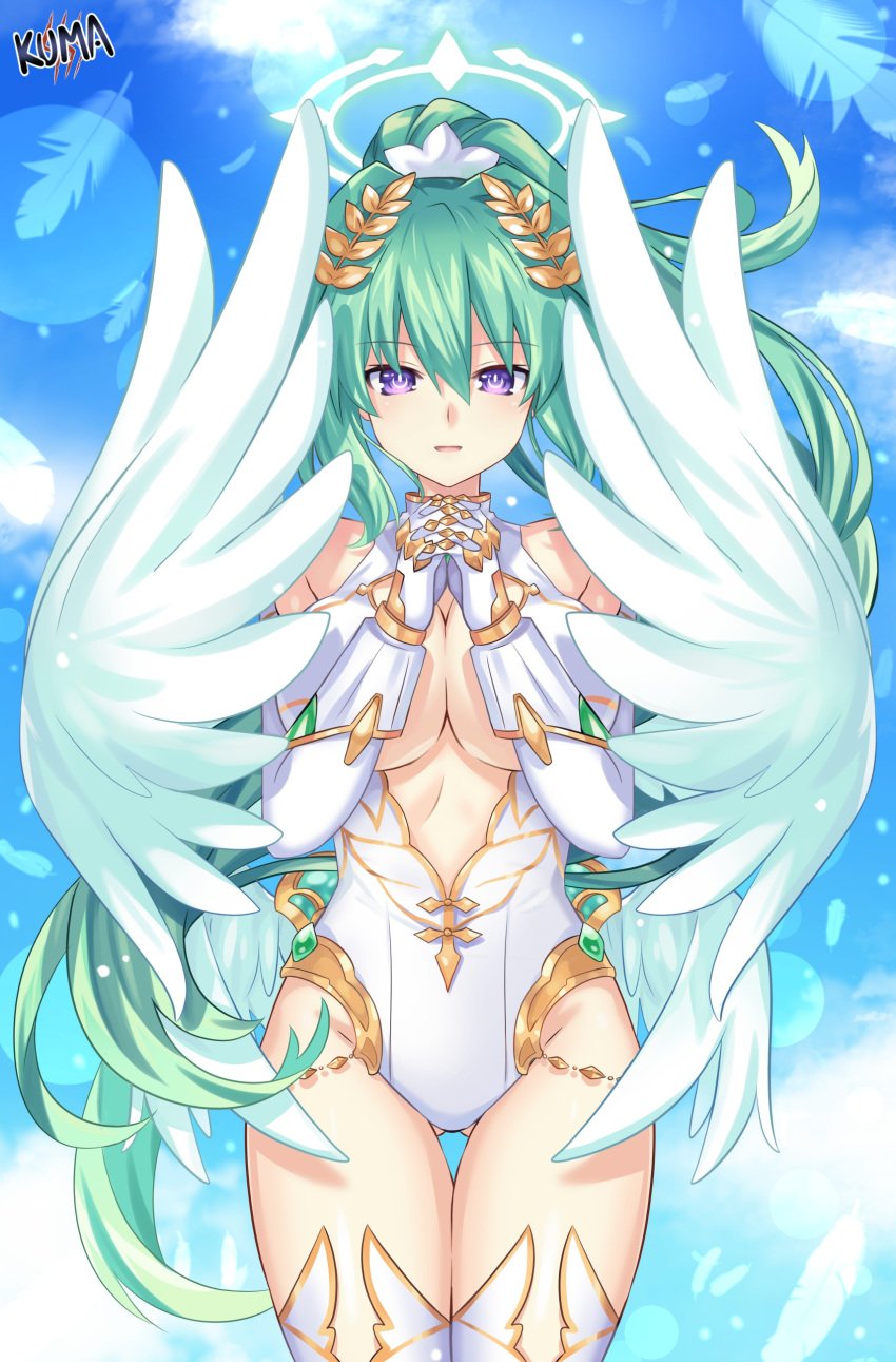 absurdres angel_wings bare_shoulders breasts choujigen_game_neptune cleavage cowboy_shot elbow_gloves female four_goddesses_online:_cyber_dimension_neptune gloves green_hair green_heart_(neptunia) halo headgear highres large_breasts lewdkuma long_hair neptune_(series) own_hands_clasped own_hands_together ponytail power_symbol power_symbol-shaped_pupils purple_eyes solo symbol-shaped_pupils thigh_gap thighhighs very_long_hair wings