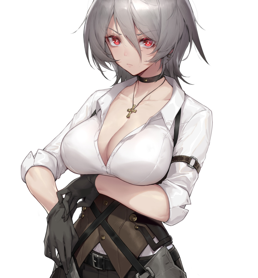 arm_under_breasts ash_arms black_gloves breasts bright_pupils chinese_commentary choker cleavage commentary_request corset female gloves grey_hair hair_between_eyes isu-122_(ash_arms) jewelry large_breasts looking_at_viewer necklace red_eyes shanyao_jiang_tororo short_hair simple_background sleeves_rolled_up solo white_background white_pupils