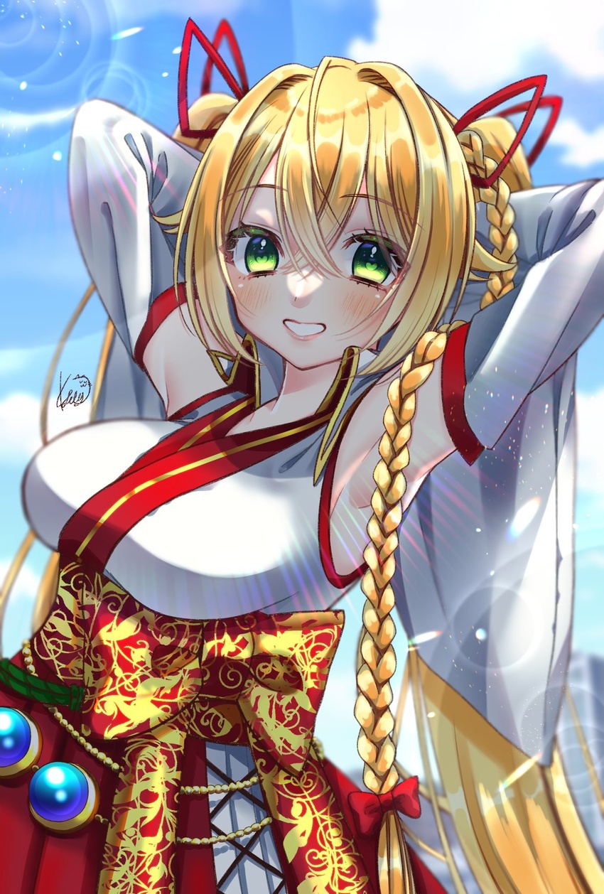 .live armpits arms_up blonde_hair blush braid breasts cloud commentary_request detached_sleeves female green_eyes hair_between_eyes hair_ornament highres koiro_iro kongou_iroha large_breasts lens_flare long_braid looking_at_viewer nontraditional_miko sky virtual_youtuber