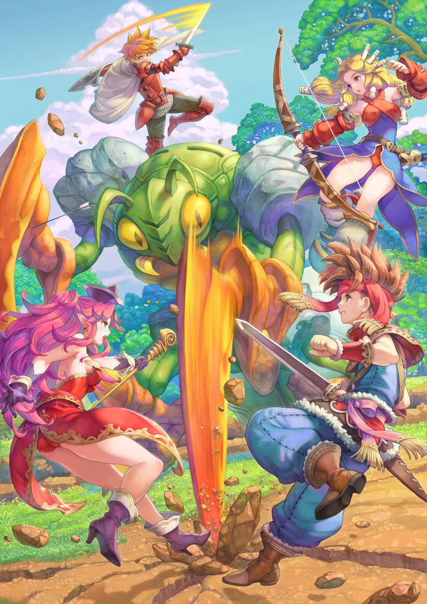 2boys 2girls absurdres angela_(seiken_densetsu_3) armor battle blonde_hair bow_(weapon) brown_footwear brown_hair day detached_sleeves dodging earrings gloves grin haccan hair_tubes hat headband high_heels highres holding holding_bow_(weapon) holding_sword holding_wand holding_weapon imu_(lom) jewelry legend_of_mana long_hair monster multiple_boys multiple_girls non-web_source official_art open_mouth orange_hair outdoors pointy_ears purple_footwear purple_hair randi_(seiken_densetsu_2) seiken_densetsu seiken_densetsu_2 seiken_densetsu_3 short_hair showgirl_skirt smile sword wand weapon