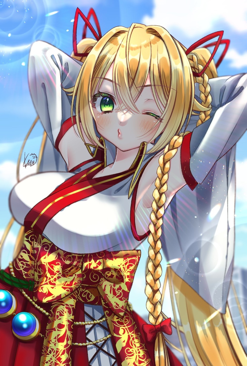 .live armpits arms_up blonde_hair blush braid breasts cloud commentary_request detached_sleeves female green_eyes hair_between_eyes hair_ornament highres koiro_iro kongou_iroha large_breasts lens_flare long_braid looking_at_viewer nontraditional_miko one_eye_closed sky solo virtual_youtuber